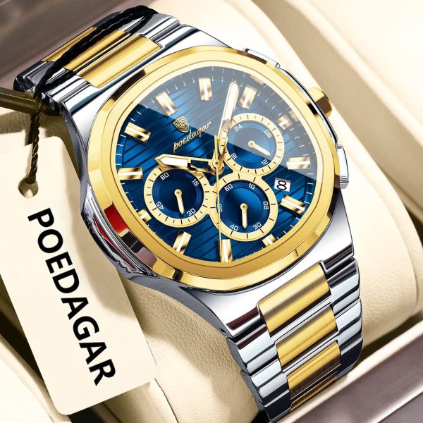 POEDAGAR 834 Luxury Fashion Chronograph Men’s Quartz Watch color :  Gold Blue