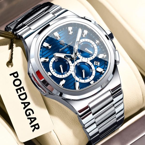 POEDAGAR 834 Luxury Fashion Chronograph Men’s Quartz Watch color :  Silver Blue
