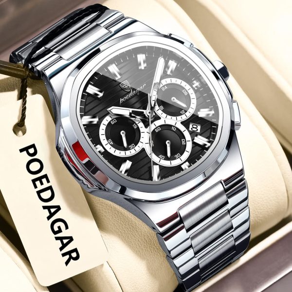 POEDAGAR 834 Luxury Fashion Chronograph Men’s Quartz Watch color : Silver Black