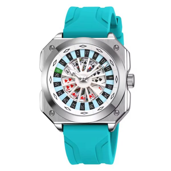 SKMEI 9379 Rotating Poker Dial Silicone Wrist Watches Quartz Waterproof Men Watch color : Sky / Silver