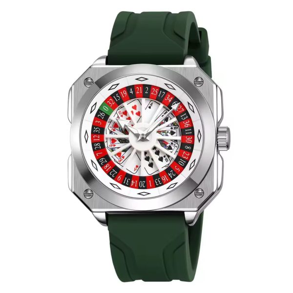 SKMEI 9379 Rotating Poker Dial Silicone Wrist Watches Quartz Waterproof Men Watch color : green/ Sliver