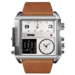 Skmei1584 fashion men watch sports leather quartz waterproof digital color : Silver/Brown
