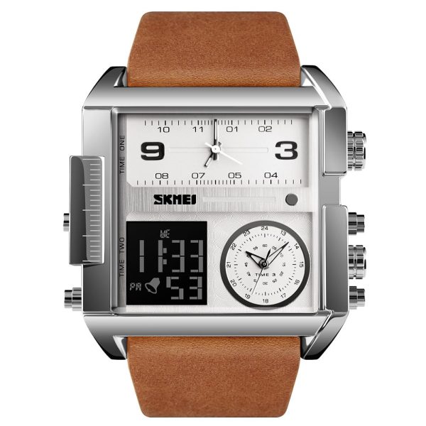 Skmei1584 fashion men watch sports leather quartz waterproof digital color : Silver/Brown