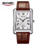 A silver-toned rectangular men's watch by SKMEI with a textured white dial, black Roman numeral markers, a small date window at the bottom, and a black crocodile-patterned leather strap.