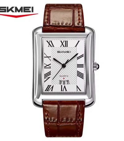 A silver-toned rectangular men's watch by SKMEI with a textured white dial, black Roman numeral markers, a small date window at the bottom, and a black crocodile-patterned leather strap.