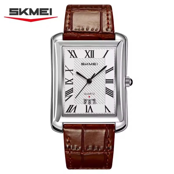 A silver-toned rectangular men's watch by SKMEI with a textured white dial, black Roman numeral markers, a small date window at the bottom, and a black crocodile-patterned leather strap.