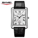 A silver-toned rectangular men's watch by SKMEI with a textured white dial, black Roman numeral markers, a small date window at the bottom, and a black crocodile-patterned leather strap.