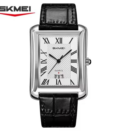 A silver-toned rectangular men's watch by SKMEI with a textured white dial, black Roman numeral markers, a small date window at the bottom, and a black crocodile-patterned leather strap.
