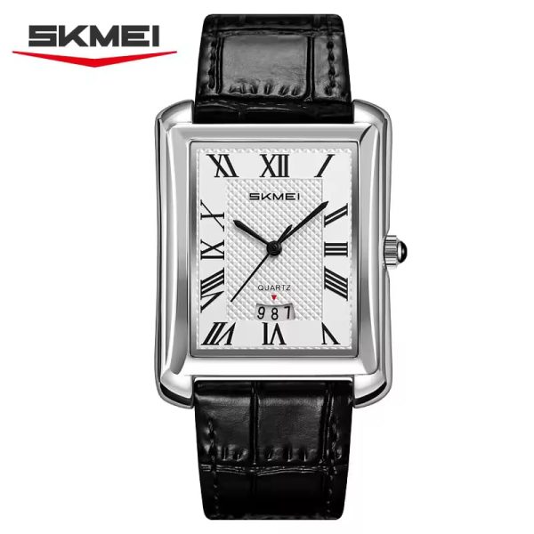 A silver-toned rectangular men's watch by SKMEI with a textured white dial, black Roman numeral markers, a small date window at the bottom, and a black crocodile-patterned leather strap.