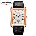 A silver-toned rectangular men's watch by SKMEI with a textured white dial, black Roman numeral markers, a small date window at the bottom, and a black crocodile-patterned leather strap.