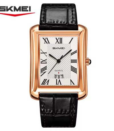 A silver-toned rectangular men's watch by SKMEI with a textured white dial, black Roman numeral markers, a small date window at the bottom, and a black crocodile-patterned leather strap.