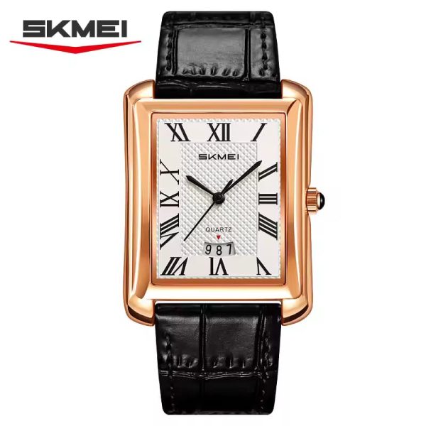 A silver-toned rectangular men's watch by SKMEI with a textured white dial, black Roman numeral markers, a small date window at the bottom, and a black crocodile-patterned leather strap.