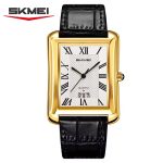 A silver-toned rectangular men's watch by SKMEI with a textured white dial, black Roman numeral markers, a small date window at the bottom, and a black crocodile-patterned leather strap.