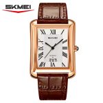 A silver-toned rectangular men's watch by SKMEI with a textured white dial, black Roman numeral markers, a small date window at the bottom, and a black crocodile-patterned leather strap.