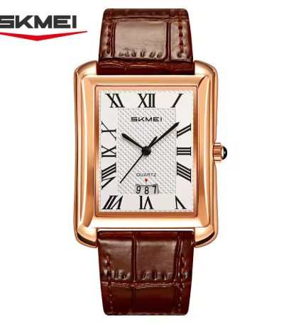 A silver-toned rectangular men's watch by SKMEI with a textured white dial, black Roman numeral markers, a small date window at the bottom, and a black crocodile-patterned leather strap.