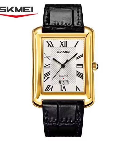 A silver-toned rectangular men's watch by SKMEI with a textured white dial, black Roman numeral markers, a small date window at the bottom, and a black crocodile-patterned leather strap.