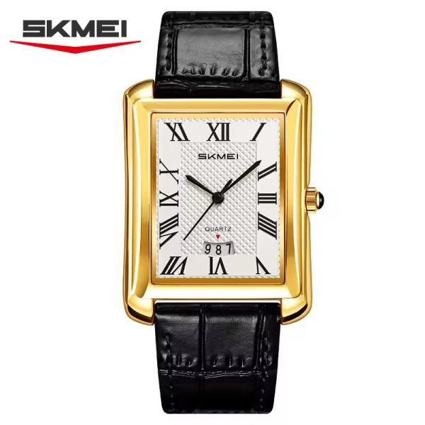 A silver-toned rectangular men's watch by SKMEI with a textured white dial, black Roman numeral markers, a small date window at the bottom, and a black crocodile-patterned leather strap.