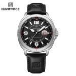 "NAVIFORCE NF8078 men's quartz watch featuring a black leather strap, silver alloy case, and black dial with date calendar."