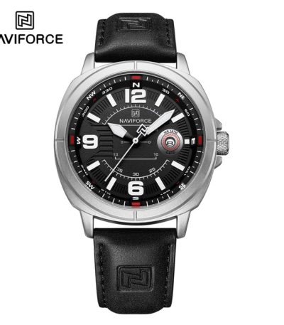"NAVIFORCE NF8078 men's quartz watch featuring a black leather strap, silver alloy case, and black dial with date calendar."