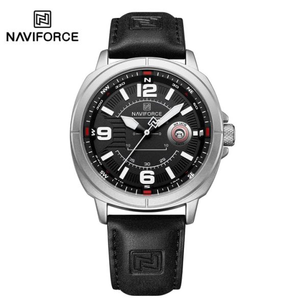 "NAVIFORCE NF8078 men's quartz watch featuring a black leather strap, silver alloy case, and black dial with date calendar."