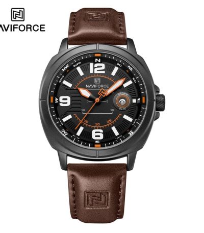 "NAVIFORCE NF8078 men's quartz watch featuring a black leather strap, silver alloy case, and black dial with date calendar."