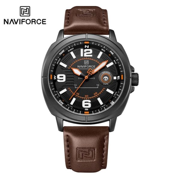 "NAVIFORCE NF8078 men's quartz watch featuring a black leather strap, silver alloy case, and black dial with date calendar."