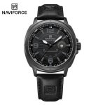 "NAVIFORCE NF8078 men's quartz watch featuring a black leather strap, silver alloy case, and black dial with date calendar."