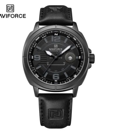 "NAVIFORCE NF8078 men's quartz watch featuring a black leather strap, silver alloy case, and black dial with date calendar."