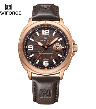 "NAVIFORCE NF8078 men's quartz watch featuring a black leather strap, silver alloy case, and black dial with date calendar."