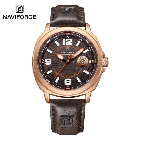 "NAVIFORCE NF8078 men's quartz watch featuring a black leather strap, silver alloy case, and black dial with date calendar."