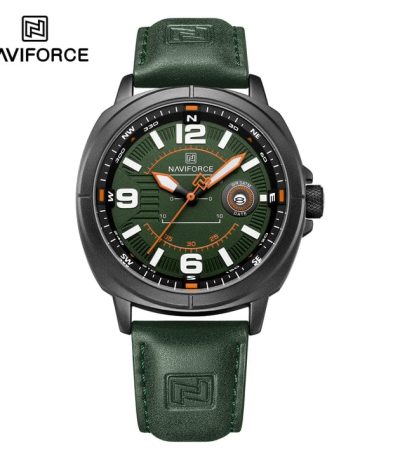 "NAVIFORCE NF8078 men's quartz watch featuring a black leather strap, silver alloy case, and black dial with date calendar."