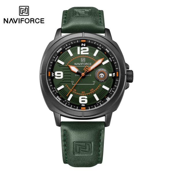"NAVIFORCE NF8078 men's quartz watch featuring a black leather strap, silver alloy case, and black dial with date calendar."