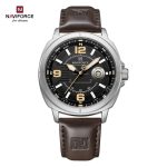 "NAVIFORCE NF8078 men's quartz watch featuring a black leather strap, silver alloy case, and black dial with date calendar."