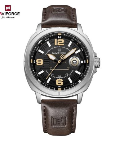 "NAVIFORCE NF8078 men's quartz watch featuring a black leather strap, silver alloy case, and black dial with date calendar."