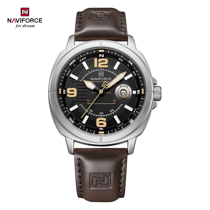 NAVIFORCE NF8078 Men's Sport Quartz Watch – Leather Strap & Calendar Date "NAVIFORCE NF8078 men's quartz watch featuring a black leather strap, silver alloy case, and black dial with date calendar."