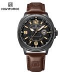 "NAVIFORCE NF8078 men's quartz watch featuring a black leather strap, silver alloy case, and black dial with date calendar."