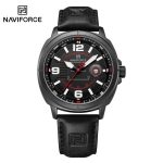 "NAVIFORCE NF8078 men's quartz watch featuring a black leather strap, silver alloy case, and black dial with date calendar."