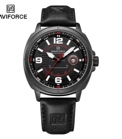 "NAVIFORCE NF8078 men's quartz watch featuring a black leather strap, silver alloy case, and black dial with date calendar."