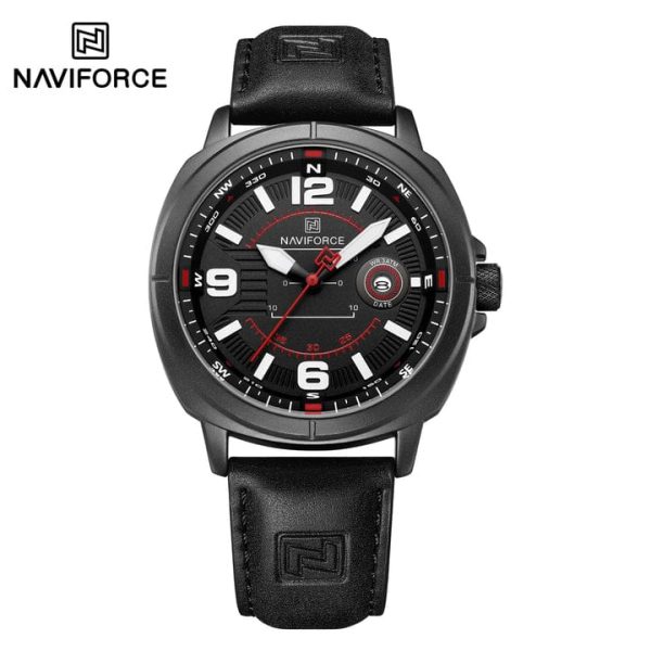 "NAVIFORCE NF8078 men's quartz watch featuring a black leather strap, silver alloy case, and black dial with date calendar."