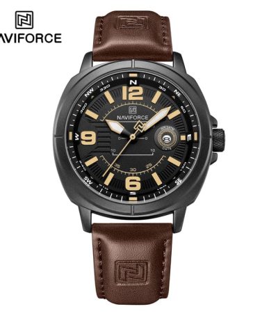 "NAVIFORCE NF8078 men's quartz watch featuring a black leather strap, silver alloy case, and black dial with date calendar."