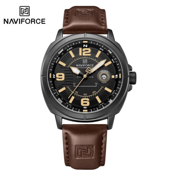 "NAVIFORCE NF8078 men's quartz watch featuring a black leather strap, silver alloy case, and black dial with date calendar."