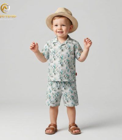 A young boy smiling and posing in a coordinated two-piece summer outfit. He is wearing a short-sleeved, button-down shirt with a Cuban collar and matching shorts, both featuring a light grey-green floral and botanical print on an ecru background. He is also wearing white socks and white sneakers, standing against a plain grey backdrop.
