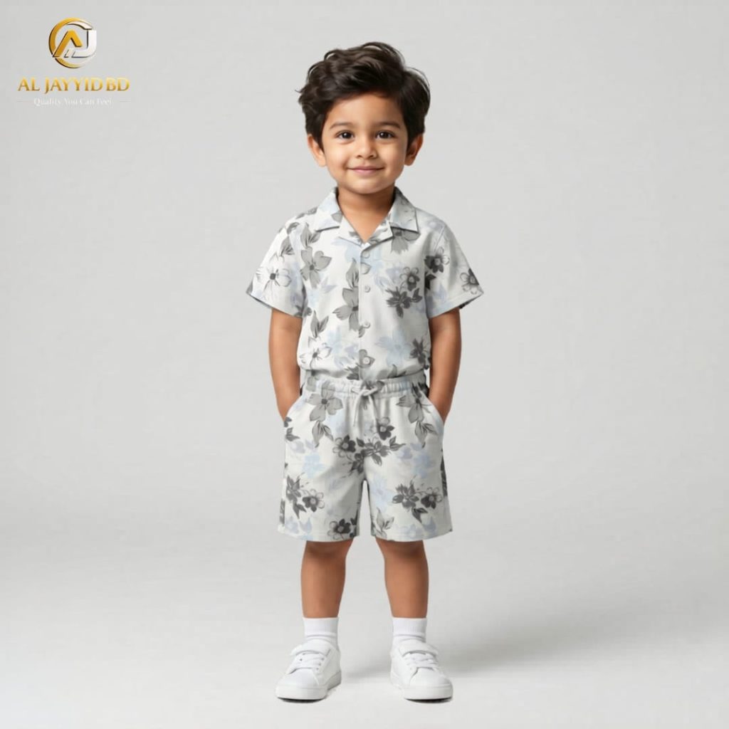 A young boy smiling and posing in a coordinated two-piece summer outfit. He is wearing a short-sleeved, button-down shirt with a Cuban collar and matching shorts, both featuring a light grey-green floral and botanical print on an ecru background. He is also wearing white socks and white sneakers, standing against a plain grey backdrop.