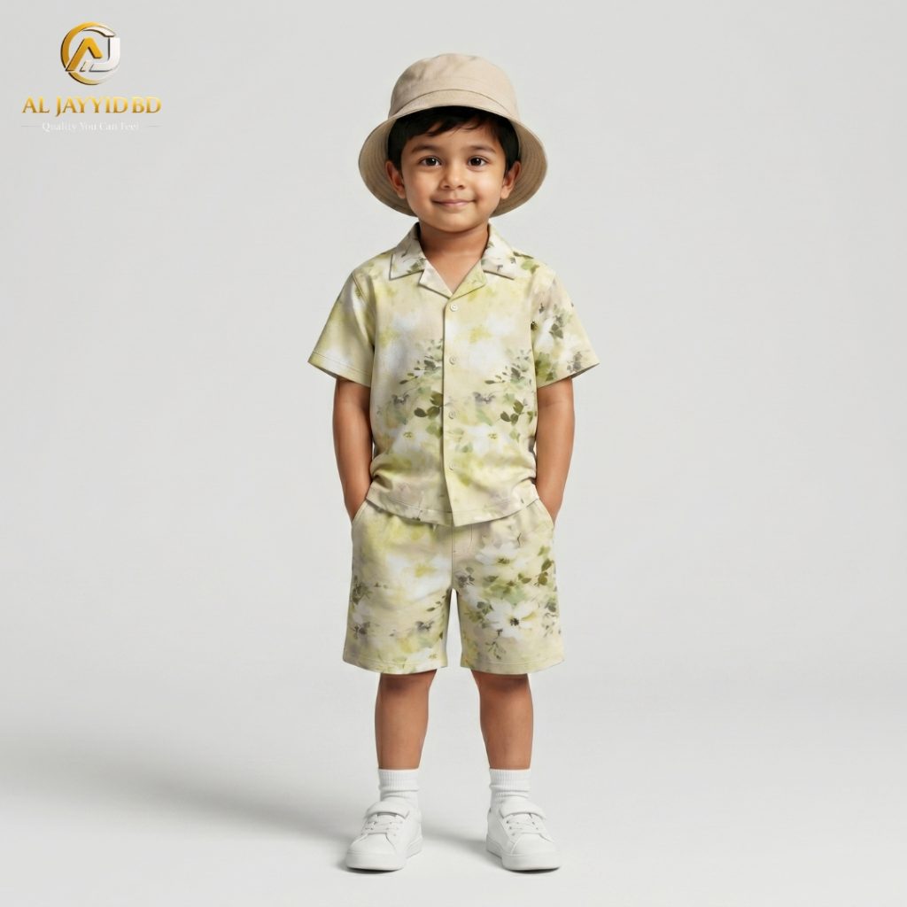 A young boy smiling and posing in a coordinated two-piece summer outfit. He is wearing a short-sleeved, button-down shirt with a Cuban collar and matching shorts, both featuring a light grey-green floral and botanical print on an ecru background. He is also wearing white socks and white sneakers, standing against a plain grey backdrop.