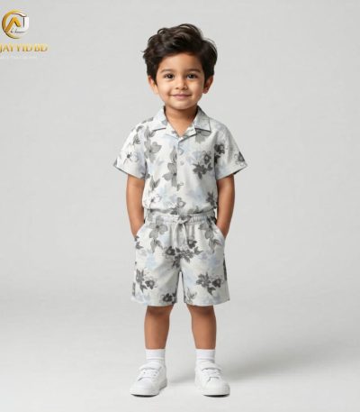 A young boy smiling and posing in a coordinated two-piece summer outfit. He is wearing a short-sleeved, button-down shirt with a Cuban collar and matching shorts, both featuring a light grey-green floral and botanical print on an ecru background. He is also wearing white socks and white sneakers, standing against a plain grey backdrop.