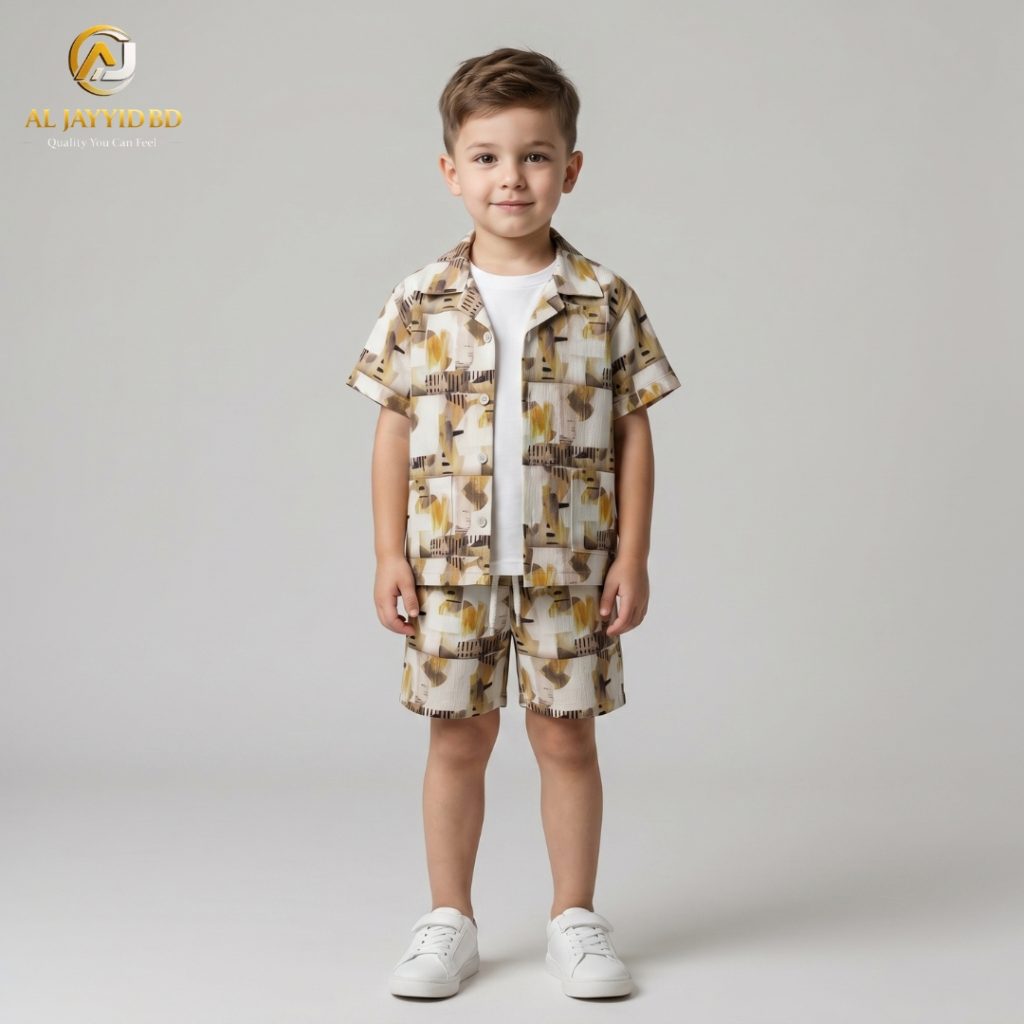 A young boy smiling and posing in a coordinated two-piece summer outfit. He is wearing a short-sleeved, button-down shirt with a Cuban collar and matching shorts, both featuring a light grey-green floral and botanical print on an ecru background. He is also wearing white socks and white sneakers, standing against a plain grey backdrop.