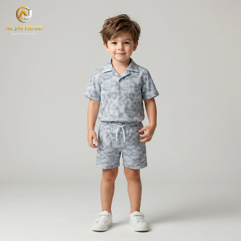 A young boy smiling and posing in a coordinated two-piece summer outfit. He is wearing a short-sleeved, button-down shirt with a Cuban collar and matching shorts, both featuring a light grey-green floral and botanical print on an ecru background. He is also wearing white socks and white sneakers, standing against a plain grey backdrop.