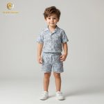 A young boy smiling and posing in a coordinated two-piece summer outfit. He is wearing a short-sleeved, button-down shirt with a Cuban collar and matching shorts, both featuring a light grey-green floral and botanical print on an ecru background. He is also wearing white socks and white sneakers, standing against a plain grey backdrop.