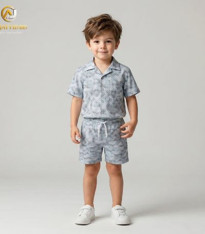 A young boy smiling and posing in a coordinated two-piece summer outfit. He is wearing a short-sleeved, button-down shirt with a Cuban collar and matching shorts, both featuring a light grey-green floral and botanical print on an ecru background. He is also wearing white socks and white sneakers, standing against a plain grey backdrop.