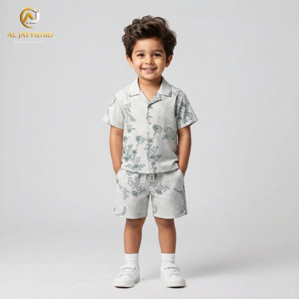 A young boy smiling and posing in a coordinated two-piece summer outfit. He is wearing a short-sleeved, button-down shirt with a Cuban collar and matching shorts, both featuring a light grey-green floral and botanical print on an ecru background. He is also wearing white socks and white sneakers, standing against a plain grey backdrop.